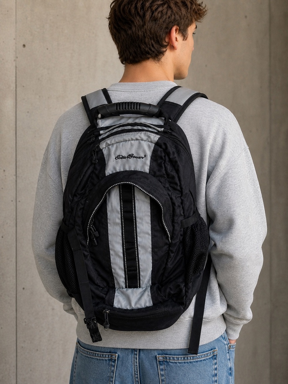 Eddie Bauer Vintage Black Gray Nylonโ Backpack Hiking Travel School Bag